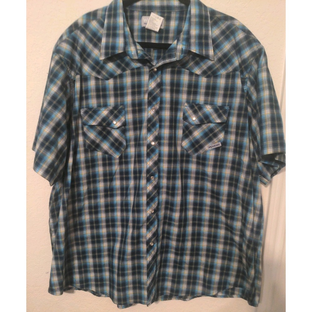 Wrangler Wrancher Men's 3XL Blue Green Plaid Short Sleeve Pearl Snap Shirt.